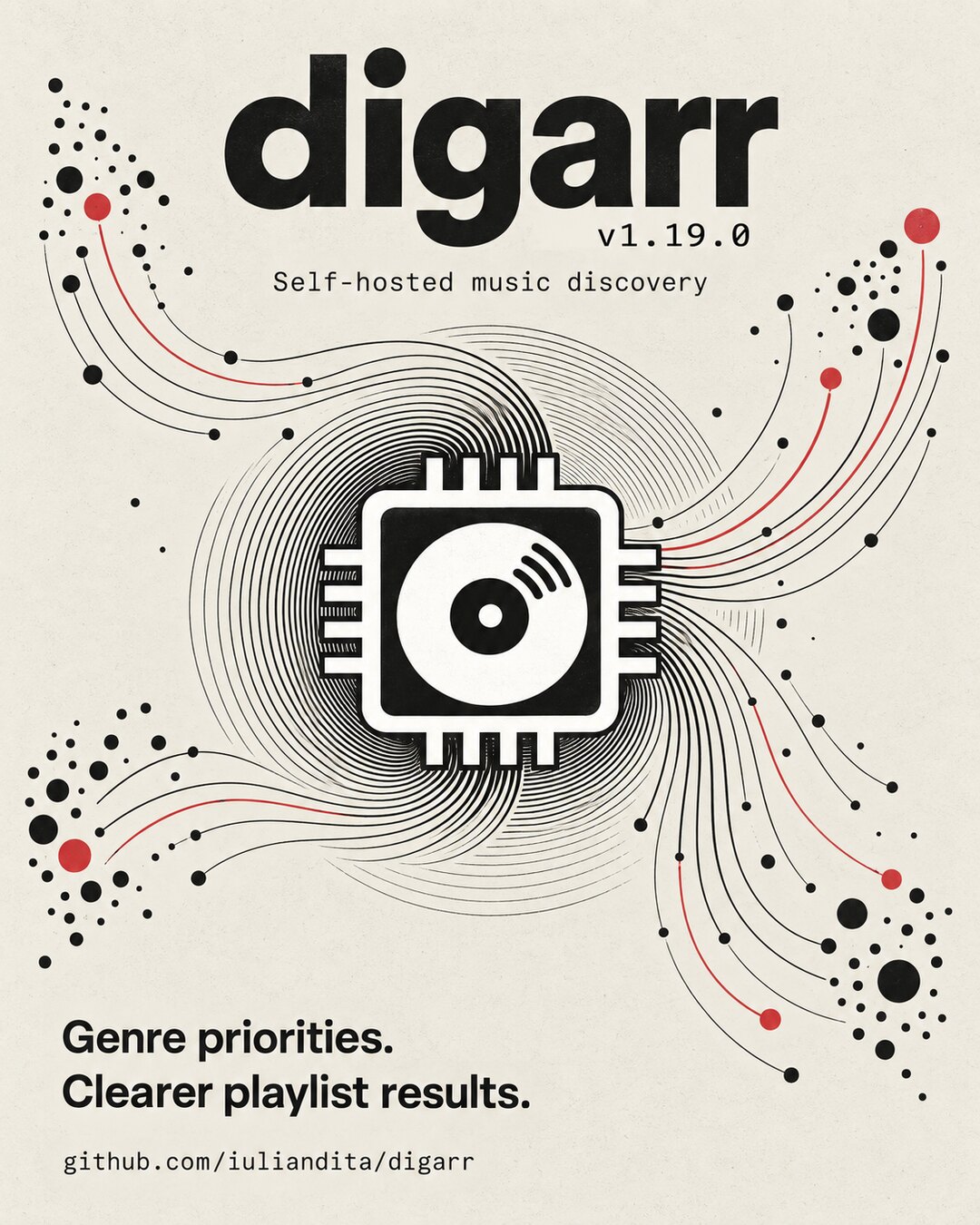 Digarr v1.19.0 music discovery artwork on textured paper. The digarr microchip-and-vinyl logo sits among record grooves that branch into connected clusters of black and red dots. Text reads Self-hosted music discovery, Genre priorities, and Clearer playlist results.