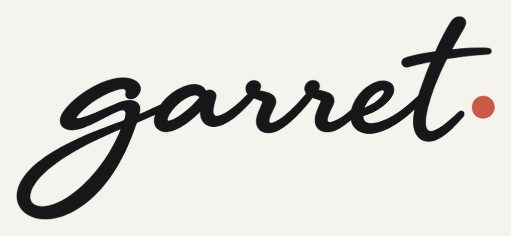Garret's handwritten wordmark: the lowercase name garret followed by a red dot.