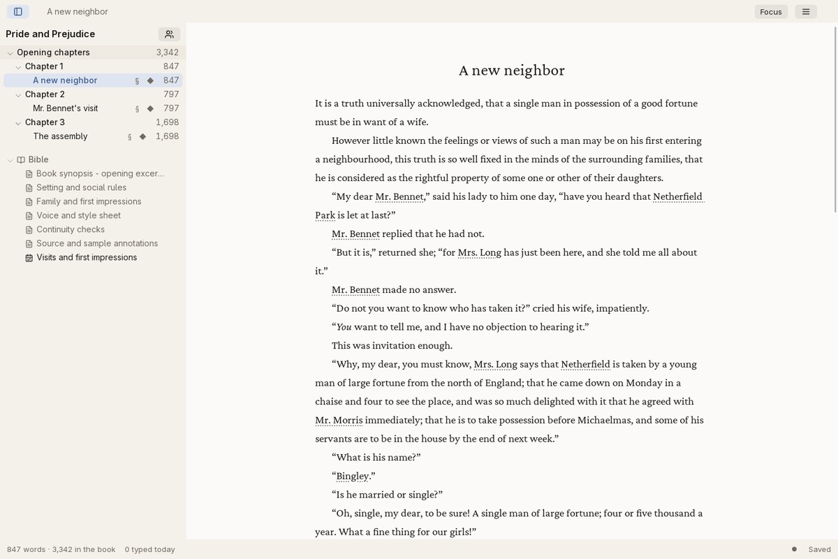 Garret's light-theme editor showing a Pride and Prejudice scene, chapter navigation, and story bible notes.