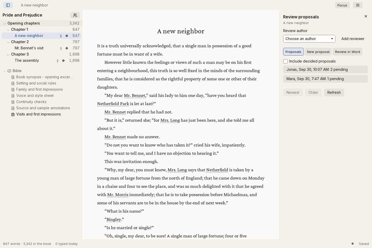 Garret's review panel beside the manuscript, with pending proposals grouped by reviewer.